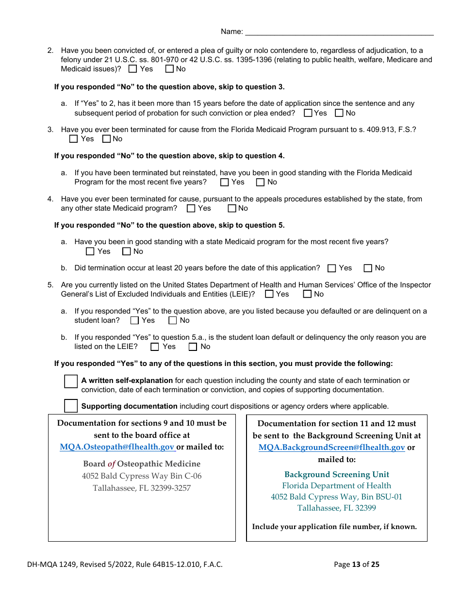 Form DH-MQA1249 Osteopathic Physician Application for Temporary Certificate for Practice in an Area of Critical Need - Florida, Page 13