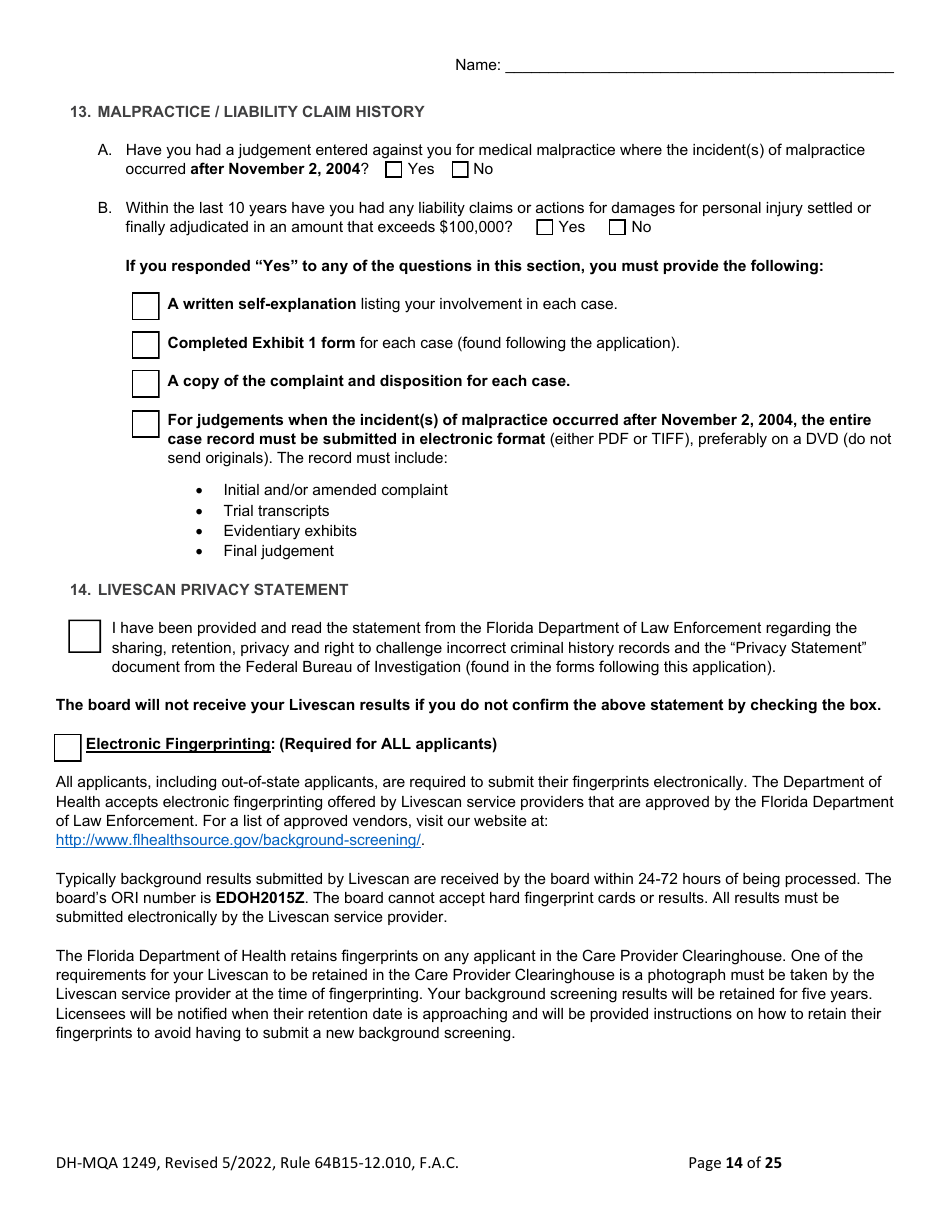 Form DH-MQA1249 Osteopathic Physician Application for Temporary Certificate for Practice in an Area of Critical Need - Florida, Page 14