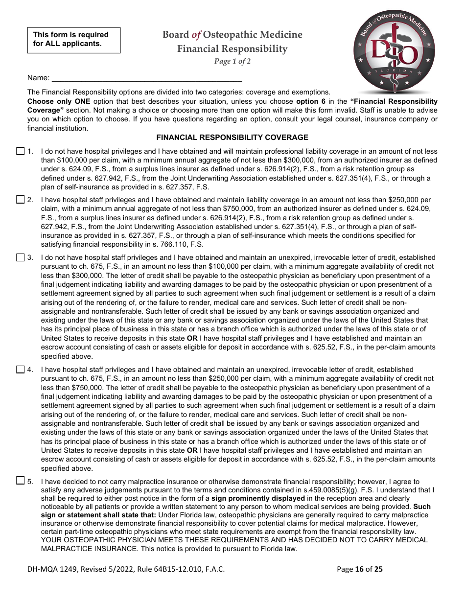 Form DH-MQA1249 Osteopathic Physician Application for Temporary Certificate for Practice in an Area of Critical Need - Florida, Page 16