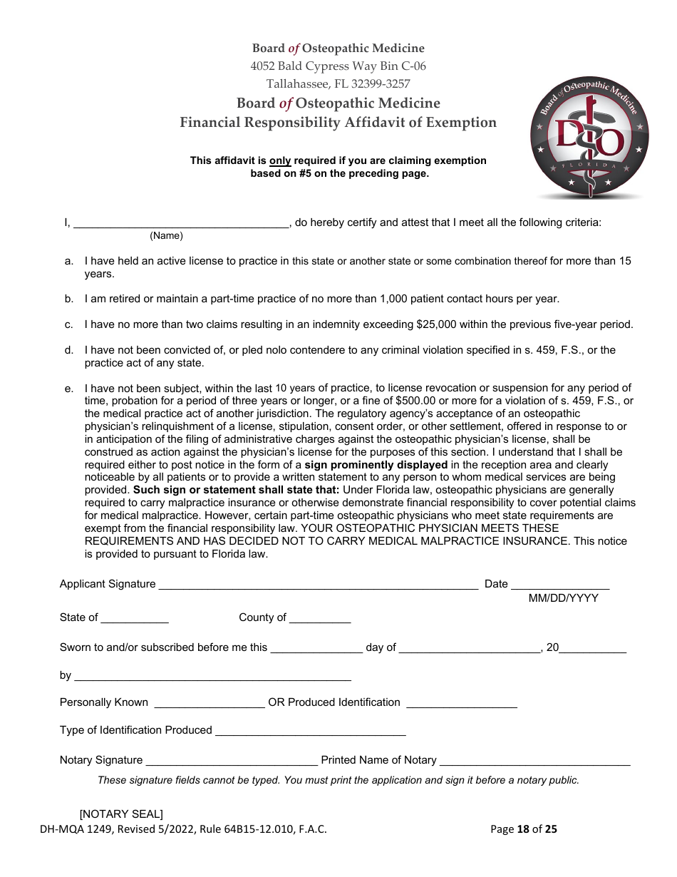 Form DH-MQA1249 Osteopathic Physician Application for Temporary Certificate for Practice in an Area of Critical Need - Florida, Page 18