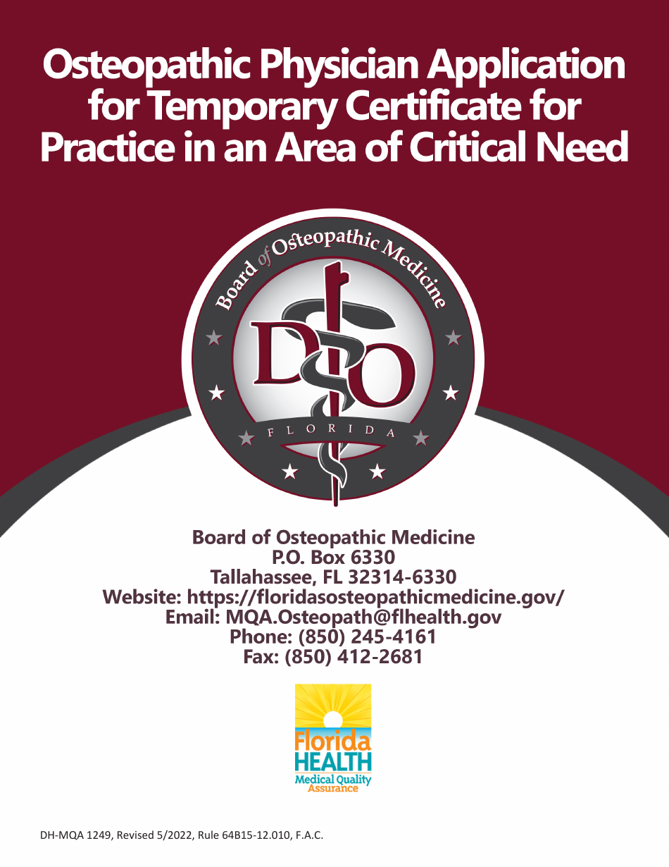 Form DH-MQA1249 Osteopathic Physician Application for Temporary Certificate for Practice in an Area of Critical Need - Florida, Page 1