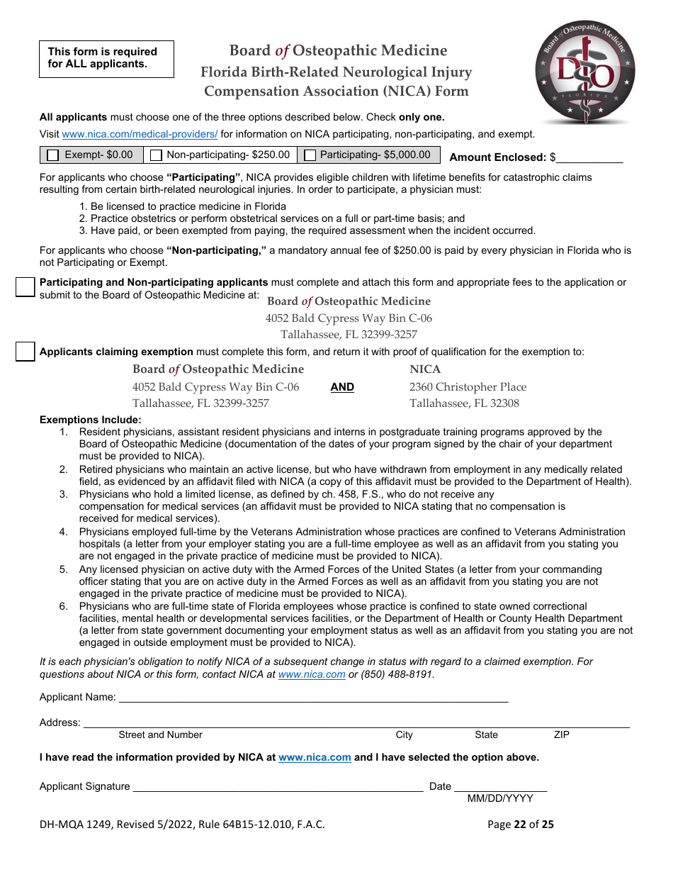 Form DH-MQA1249 Osteopathic Physician Application for Temporary Certificate for Practice in an Area of Critical Need - Florida, Page 22