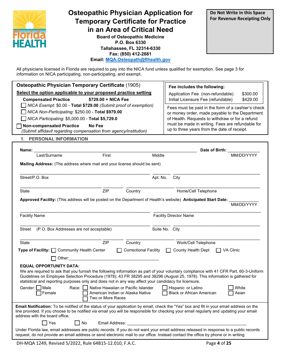 Form DH-MQA1249 Osteopathic Physician Application for Temporary Certificate for Practice in an Area of Critical Need - Florida, Page 4