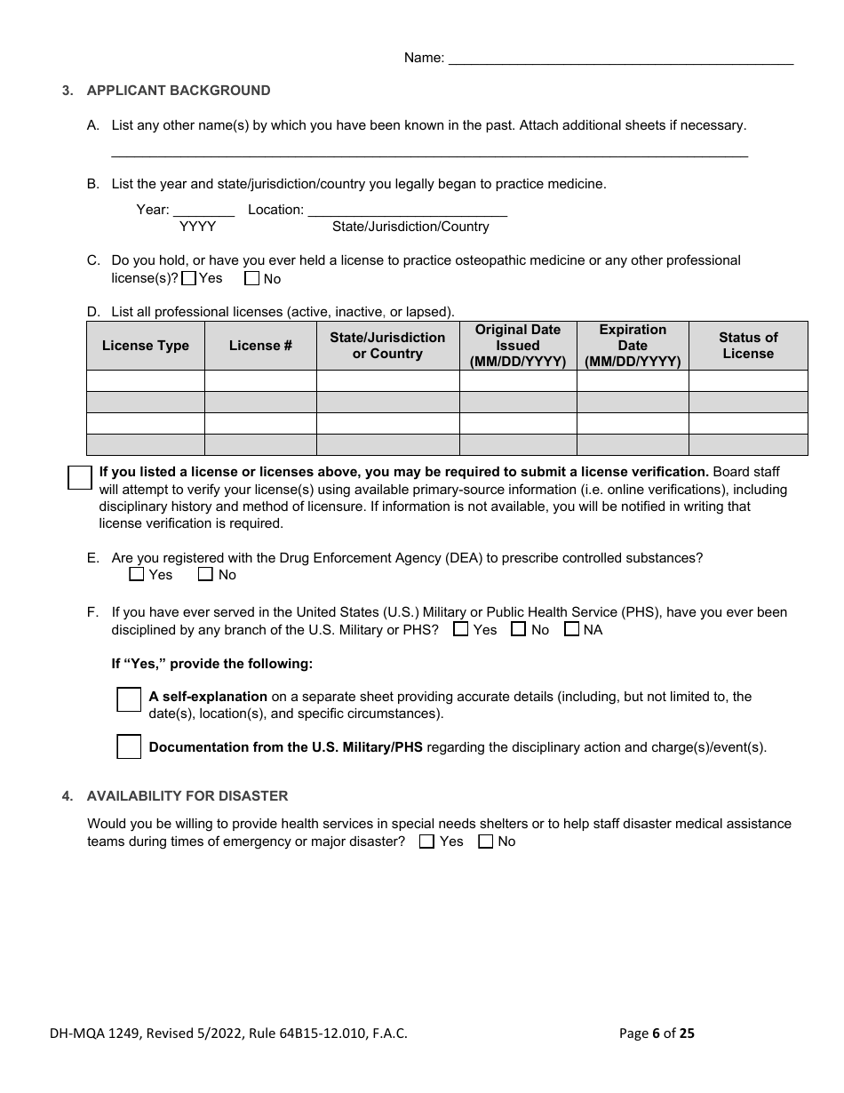 Form DH-MQA1249 Osteopathic Physician Application for Temporary Certificate for Practice in an Area of Critical Need - Florida, Page 6