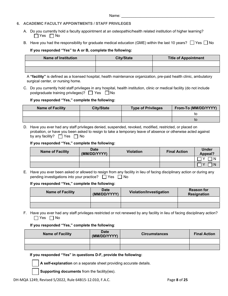 Form DH-MQA1249 Osteopathic Physician Application for Temporary Certificate for Practice in an Area of Critical Need - Florida, Page 8