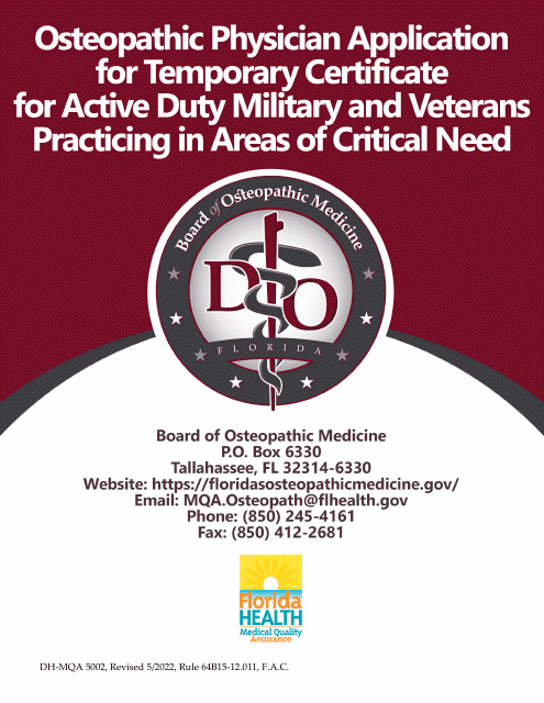 Form DH-MQA5002 Osteopathic Physician Application for Temporary Certificate for Active Duty Military and Veterans Practicing in Area of Critical Need - Florida