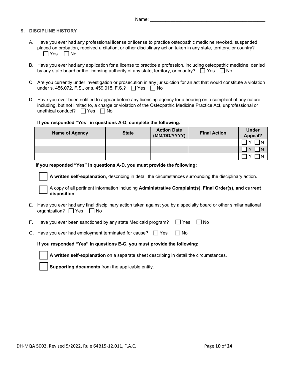 Form DH-MQA5002 Osteopathic Physician Application for Temporary Certificate for Active Duty Military and Veterans Practicing in Area of Critical Need - Florida, Page 10