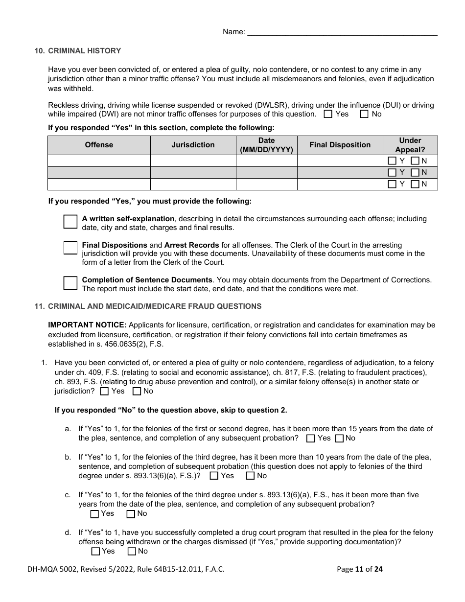 Form DH-MQA5002 Osteopathic Physician Application for Temporary Certificate for Active Duty Military and Veterans Practicing in Area of Critical Need - Florida, Page 11