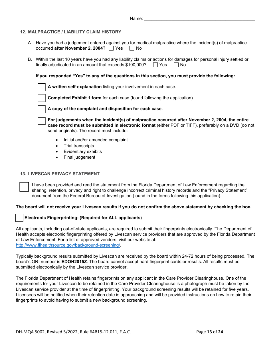 Form DH-MQA5002 Osteopathic Physician Application for Temporary Certificate for Active Duty Military and Veterans Practicing in Area of Critical Need - Florida, Page 13