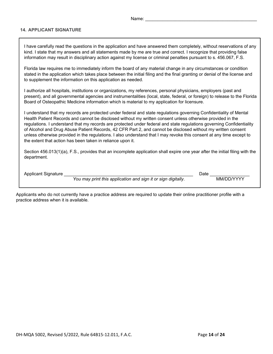 Form DH-MQA5002 Osteopathic Physician Application for Temporary Certificate for Active Duty Military and Veterans Practicing in Area of Critical Need - Florida, Page 14