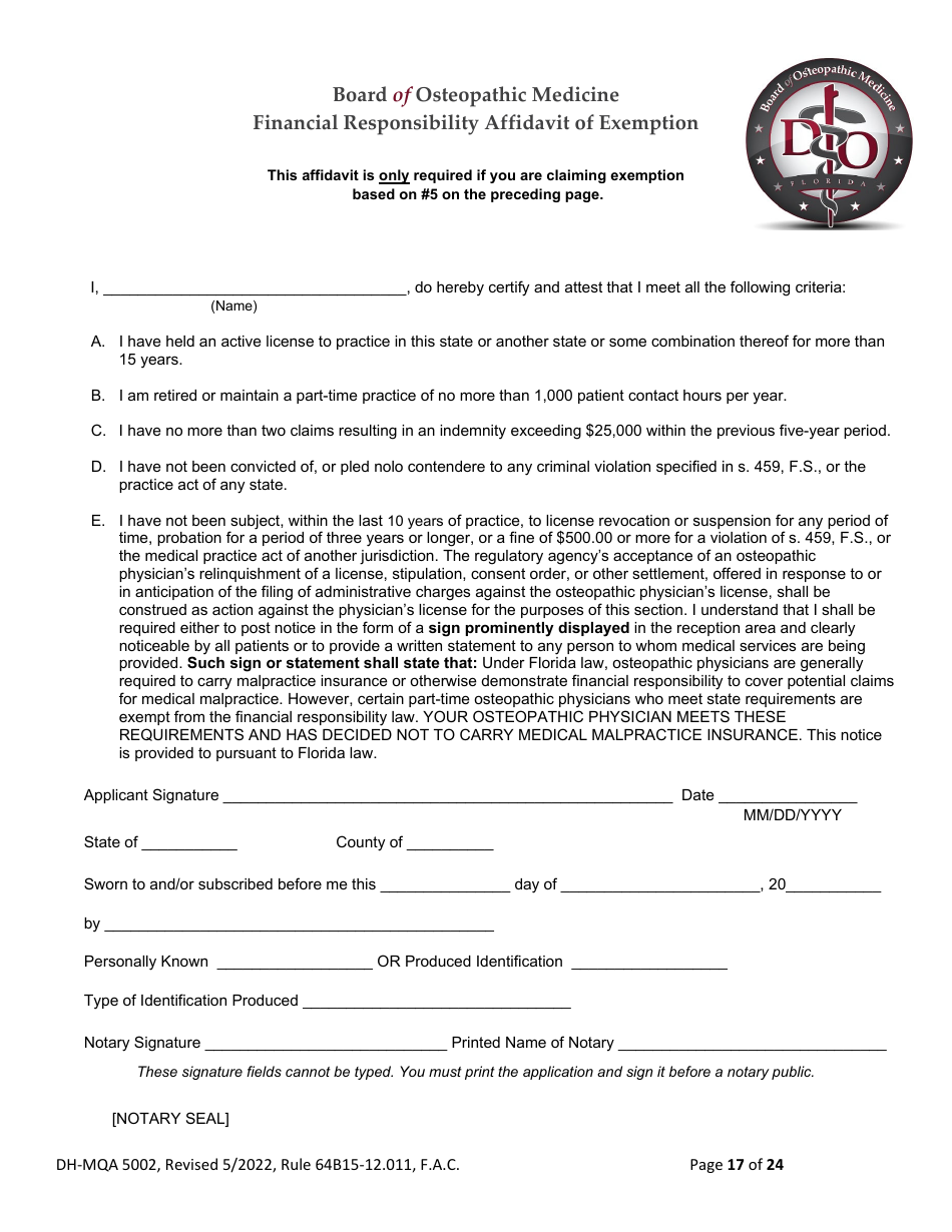 Form DH-MQA5002 Osteopathic Physician Application for Temporary Certificate for Active Duty Military and Veterans Practicing in Area of Critical Need - Florida, Page 17
