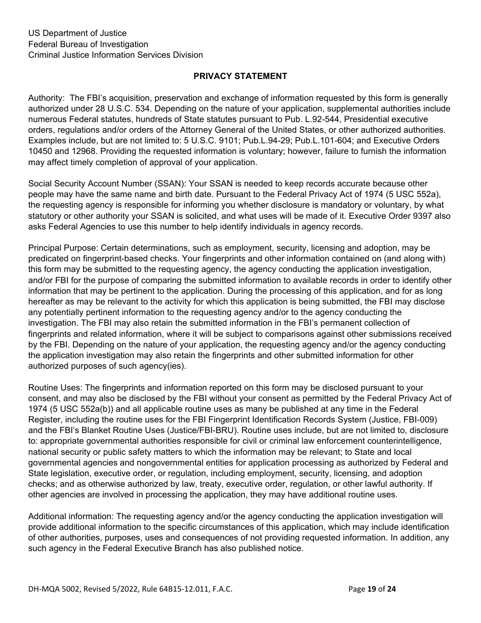 Form DH-MQA5002 Osteopathic Physician Application for Temporary Certificate for Active Duty Military and Veterans Practicing in Area of Critical Need - Florida, Page 19
