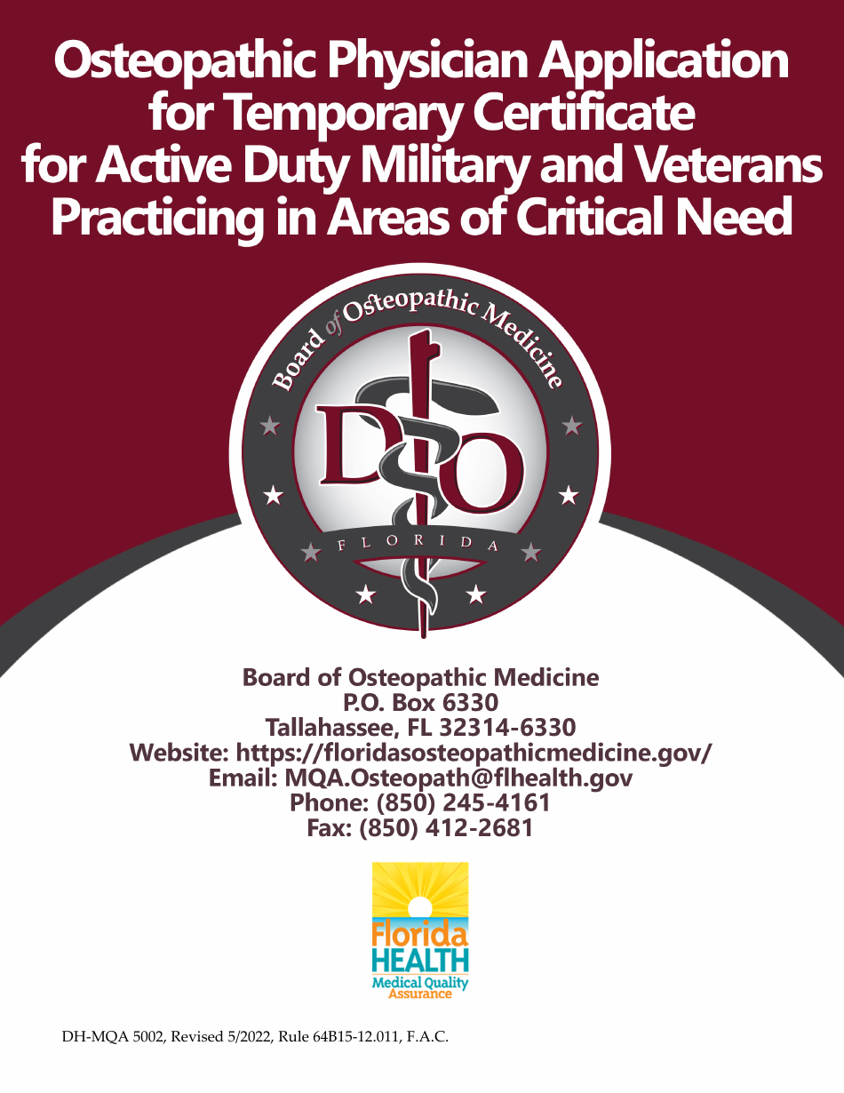 Form DH-MQA5002 Osteopathic Physician Application for Temporary Certificate for Active Duty Military and Veterans Practicing in Area of Critical Need - Florida, Page 1