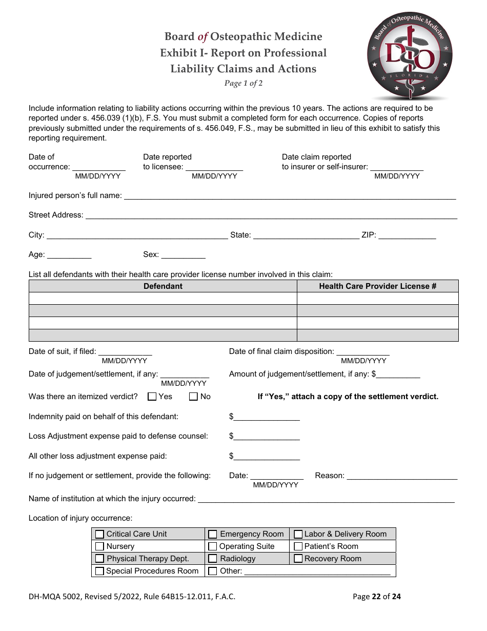 Form DH-MQA5002 Osteopathic Physician Application for Temporary Certificate for Active Duty Military and Veterans Practicing in Area of Critical Need - Florida, Page 23