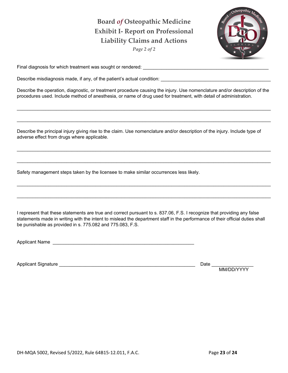 Form DH-MQA5002 Osteopathic Physician Application for Temporary Certificate for Active Duty Military and Veterans Practicing in Area of Critical Need - Florida, Page 24