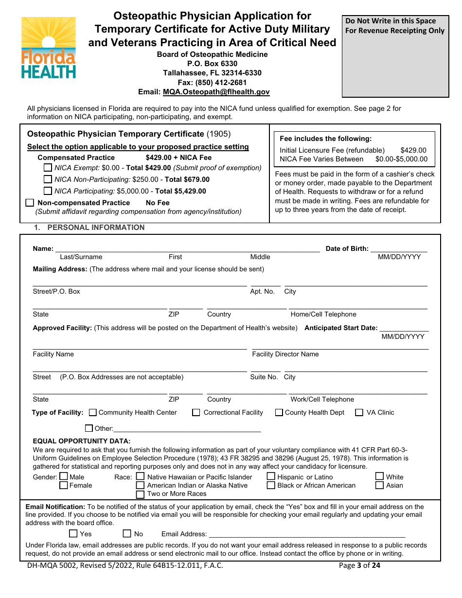 Form DH-MQA5002 Osteopathic Physician Application for Temporary Certificate for Active Duty Military and Veterans Practicing in Area of Critical Need - Florida, Page 3