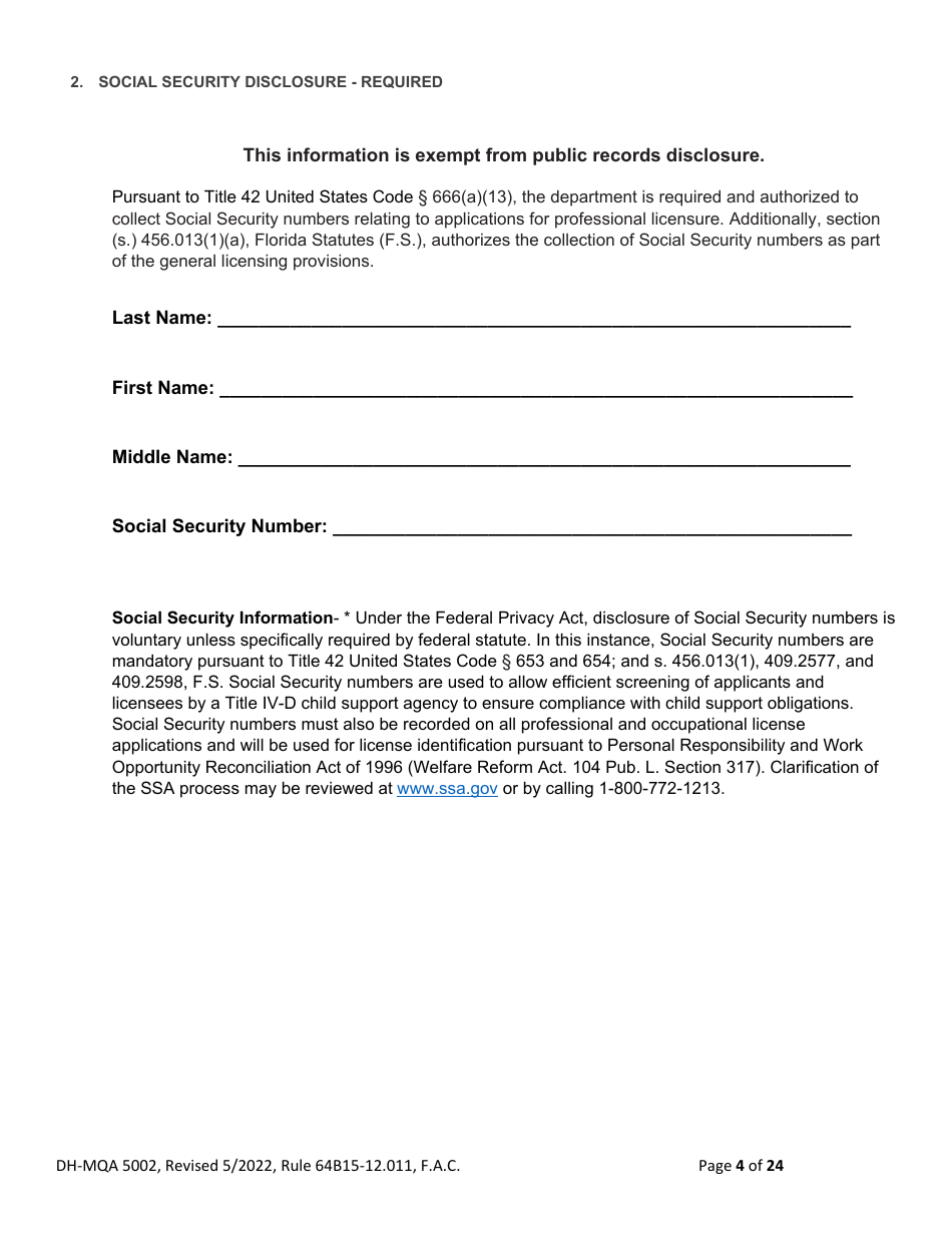 Form DH-MQA5002 Osteopathic Physician Application for Temporary Certificate for Active Duty Military and Veterans Practicing in Area of Critical Need - Florida, Page 4