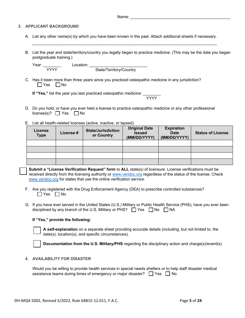 Form DH-MQA5002 Osteopathic Physician Application for Temporary Certificate for Active Duty Military and Veterans Practicing in Area of Critical Need - Florida, Page 5