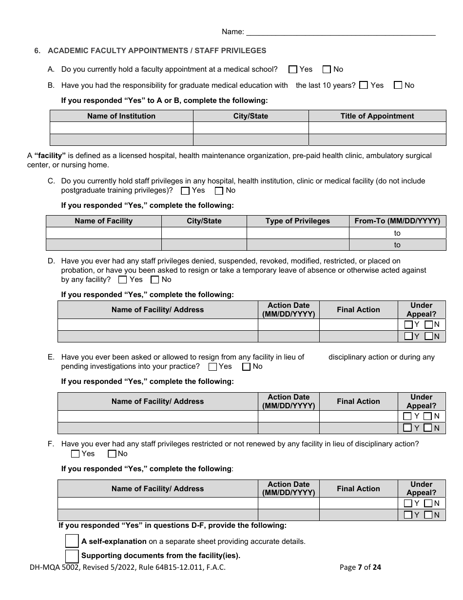 Form DH-MQA5002 Osteopathic Physician Application for Temporary Certificate for Active Duty Military and Veterans Practicing in Area of Critical Need - Florida, Page 7