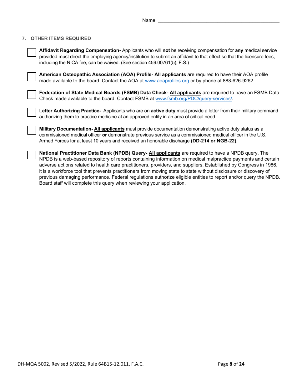 Form DH-MQA5002 Osteopathic Physician Application for Temporary Certificate for Active Duty Military and Veterans Practicing in Area of Critical Need - Florida, Page 8