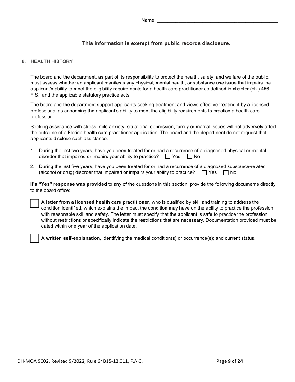 Form DH-MQA5002 Osteopathic Physician Application for Temporary Certificate for Active Duty Military and Veterans Practicing in Area of Critical Need - Florida, Page 9