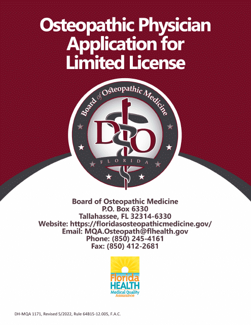 Form DH-MQA1171 Osteopathic Physician Application for Limited License - Florida