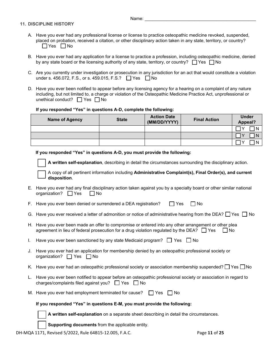 Form DH-MQA1171 Osteopathic Physician Application for Limited License - Florida, Page 11