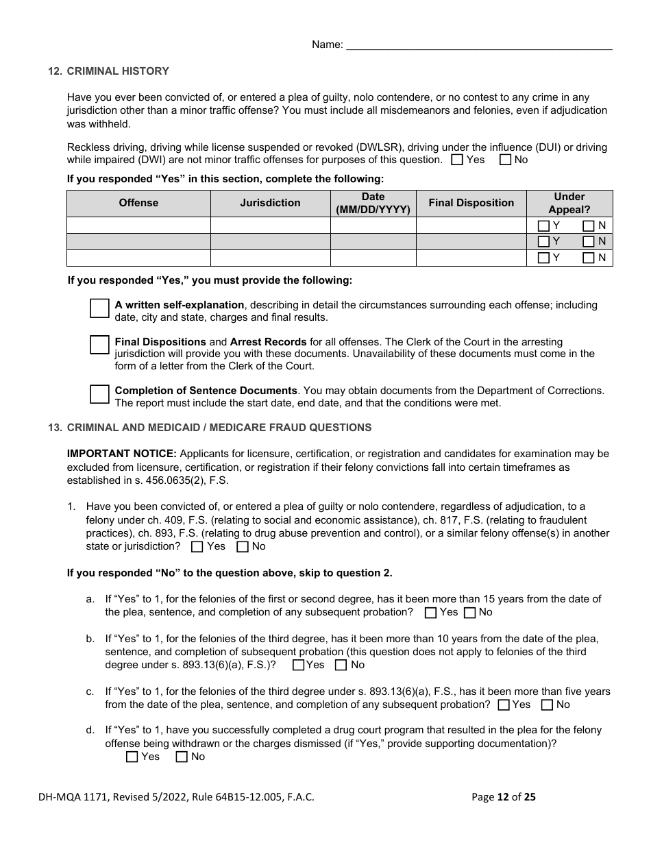 Form DH-MQA1171 Osteopathic Physician Application for Limited License - Florida, Page 12