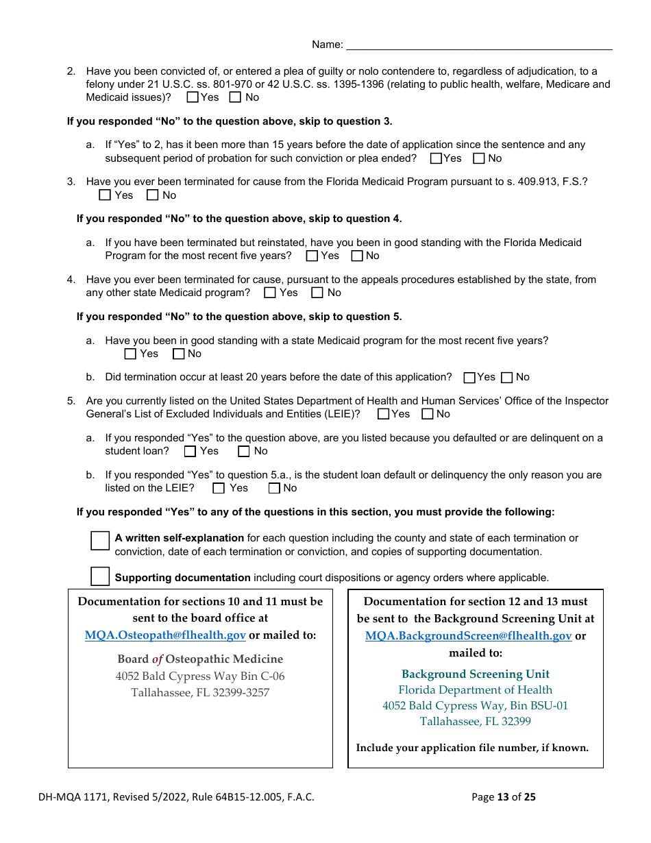 Form DH-MQA1171 Osteopathic Physician Application for Limited License - Florida, Page 13