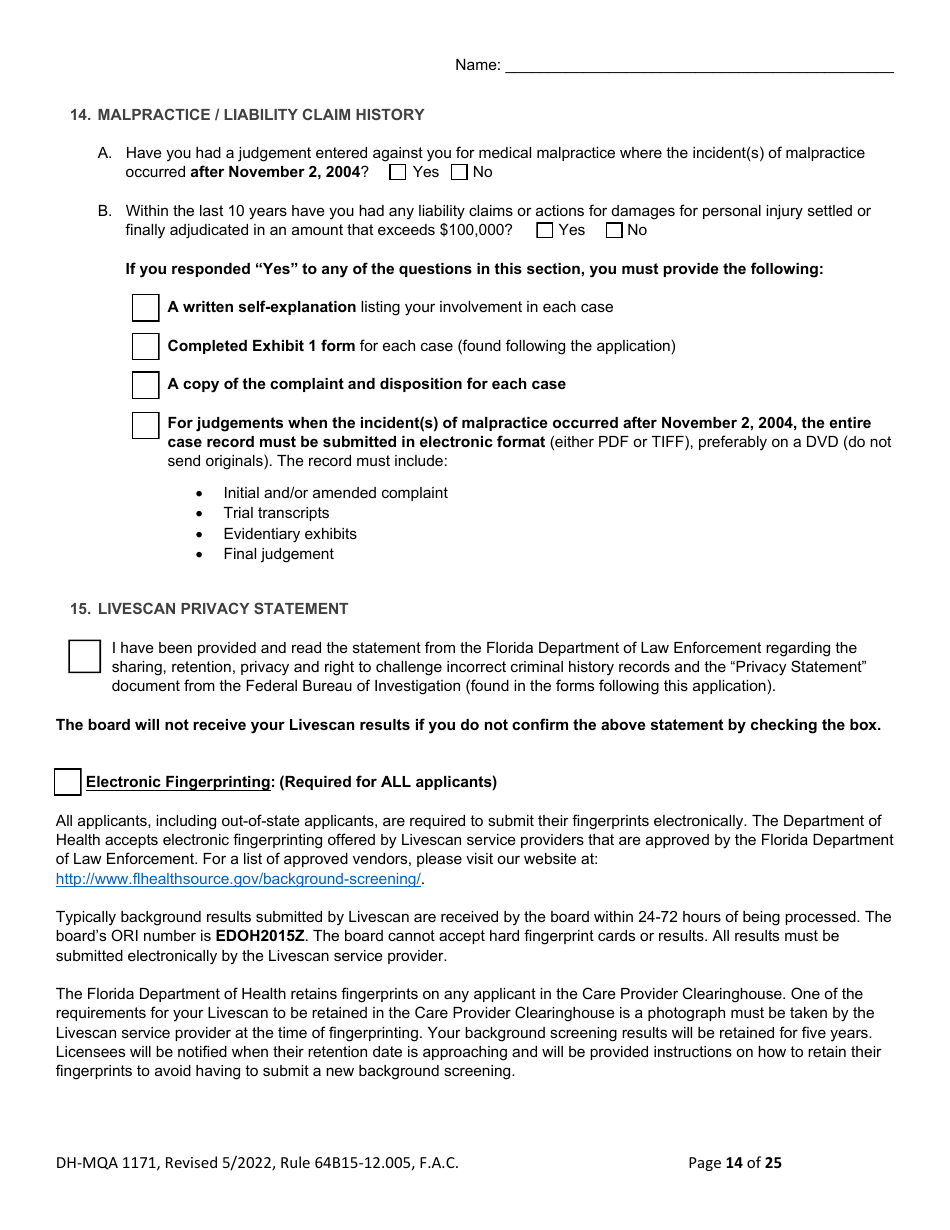 Form DH-MQA1171 Osteopathic Physician Application for Limited License - Florida, Page 14