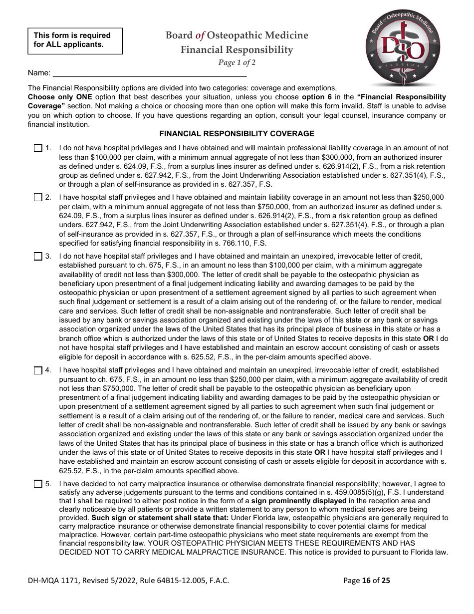 Form DH-MQA1171 Osteopathic Physician Application for Limited License - Florida, Page 16