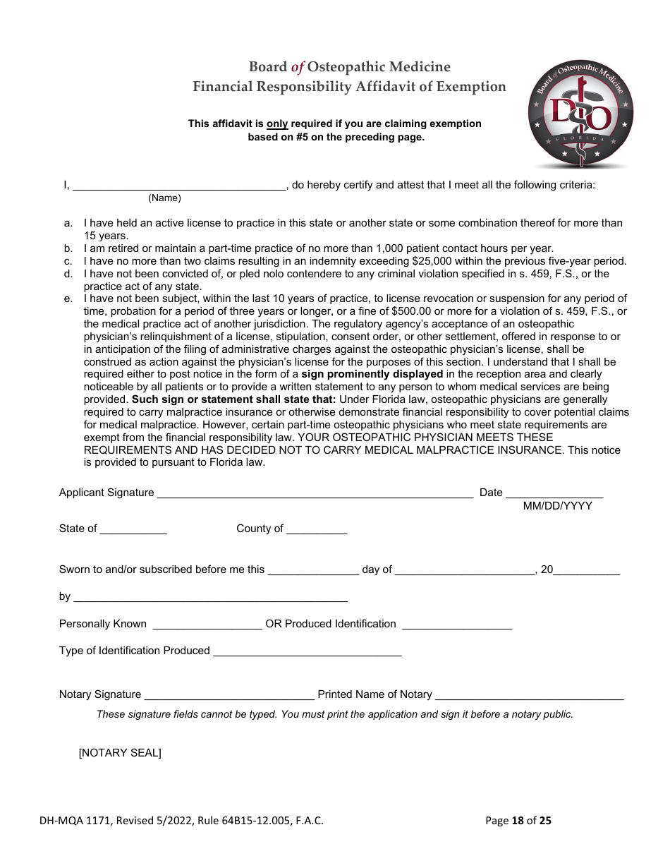 Form DH-MQA1171 Osteopathic Physician Application for Limited License - Florida, Page 18