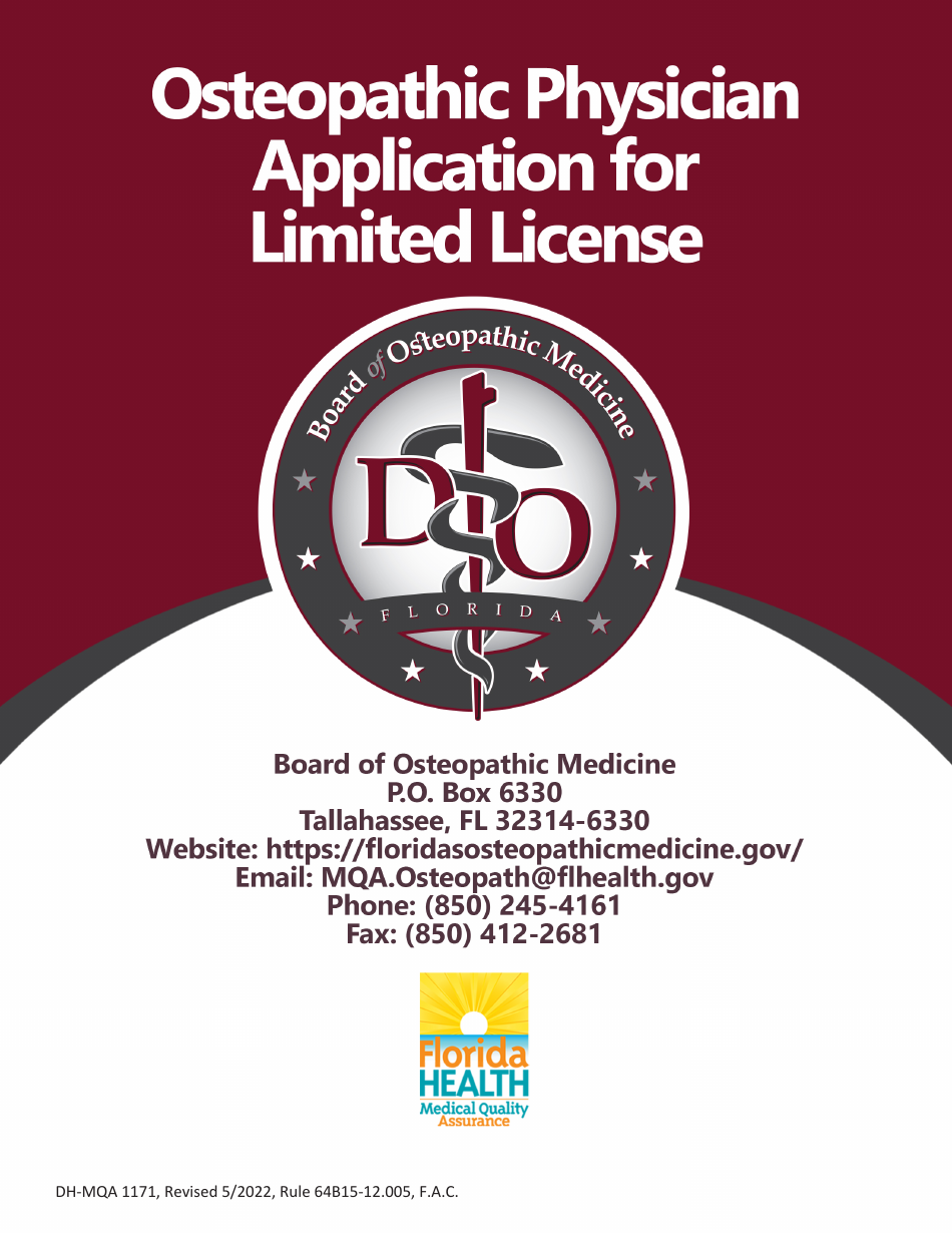 Form DH-MQA1171 Osteopathic Physician Application for Limited License - Florida, Page 1