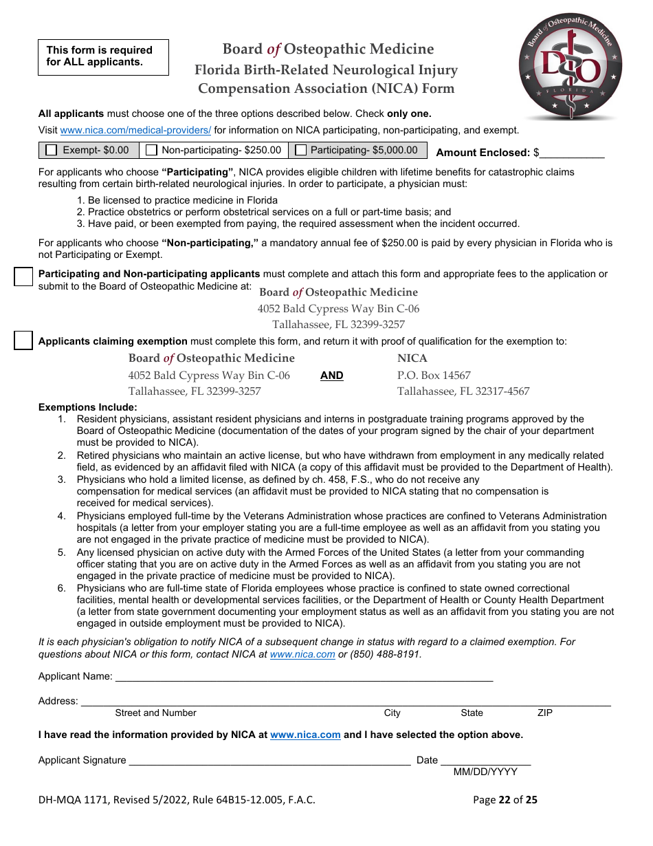 Form DH-MQA1171 Osteopathic Physician Application for Limited License - Florida, Page 22