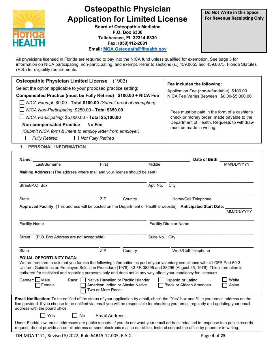 Form DH-MQA1171 Osteopathic Physician Application for Limited License - Florida, Page 4