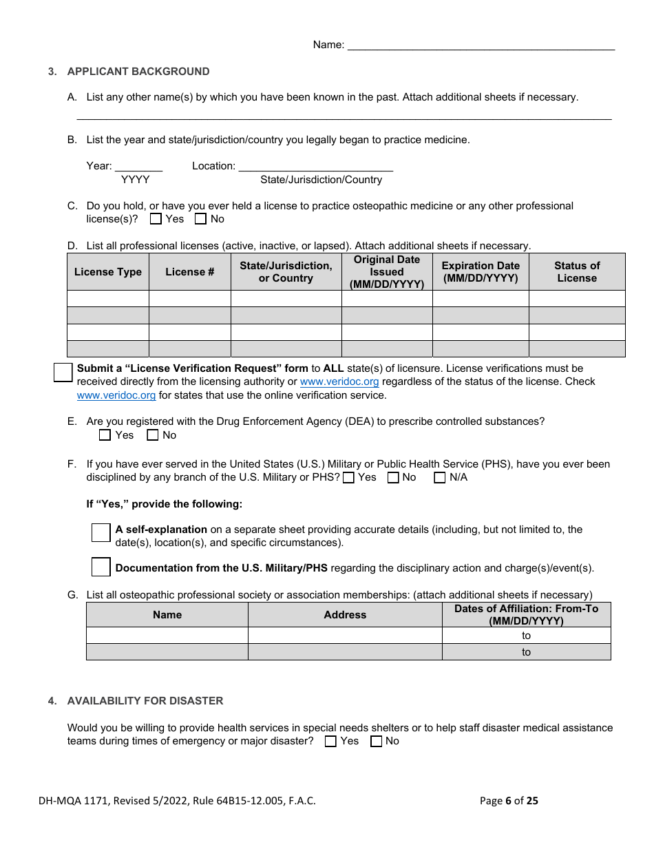 Form DH-MQA1171 Osteopathic Physician Application for Limited License - Florida, Page 6
