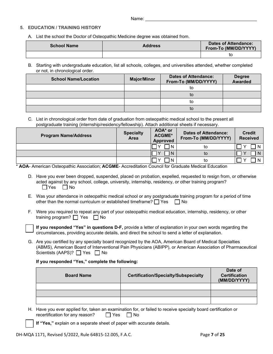 Form DH-MQA1171 Osteopathic Physician Application for Limited License - Florida, Page 7
