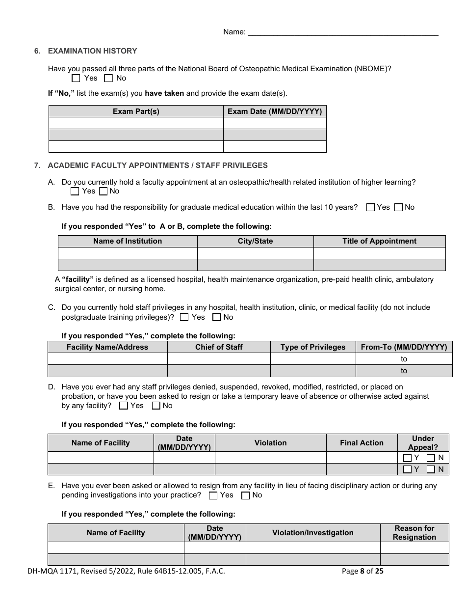 Form DH-MQA1171 Osteopathic Physician Application for Limited License - Florida, Page 8