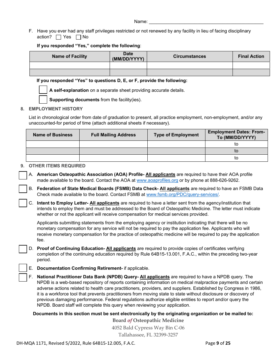 Form DH-MQA1171 Osteopathic Physician Application for Limited License - Florida, Page 9