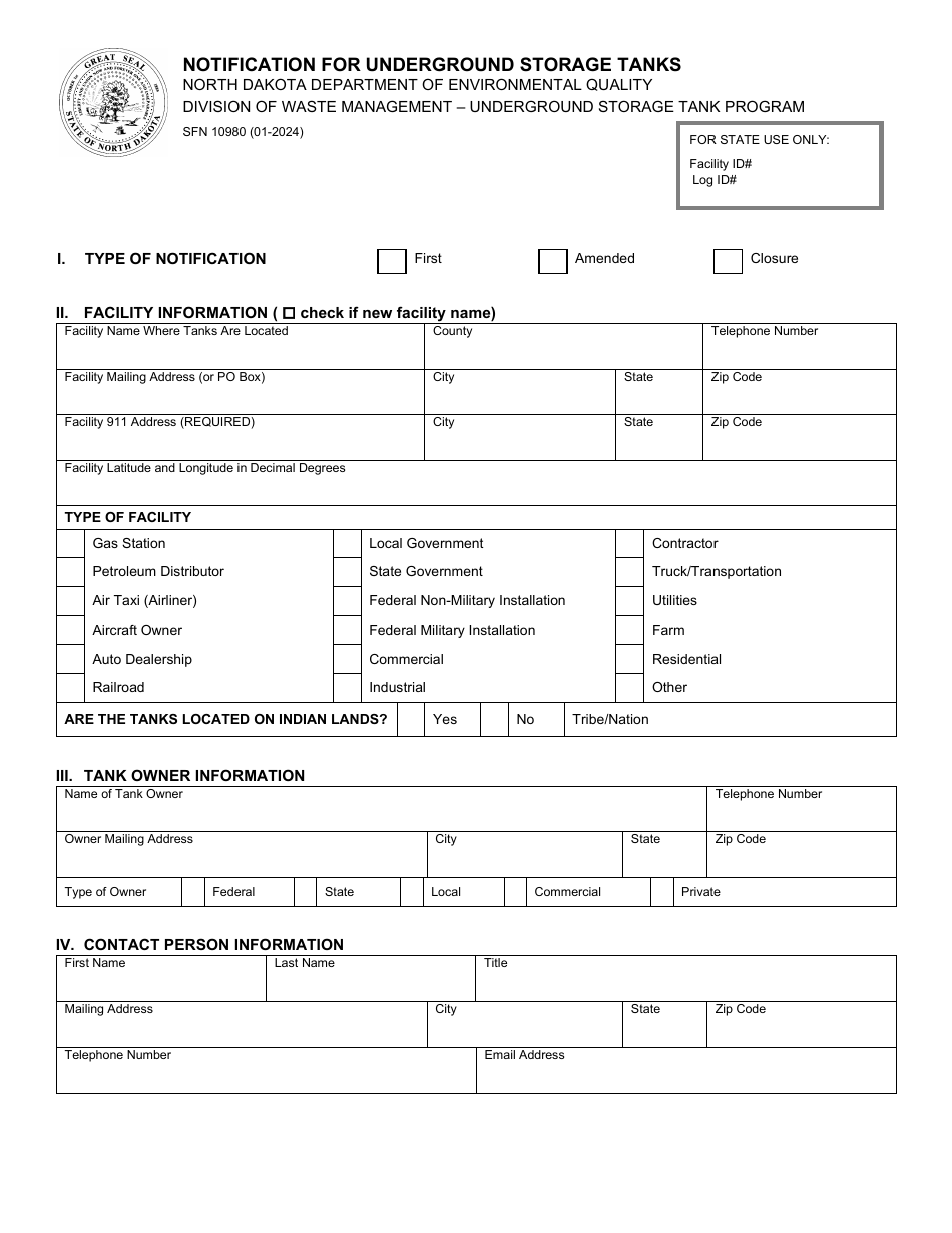 Form SFN10980 Notification for Underground Storage Tanks - North Dakota, Page 1