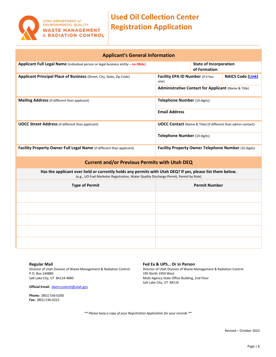 Used Oil Collection Center Registration Application - Utah, Page 1