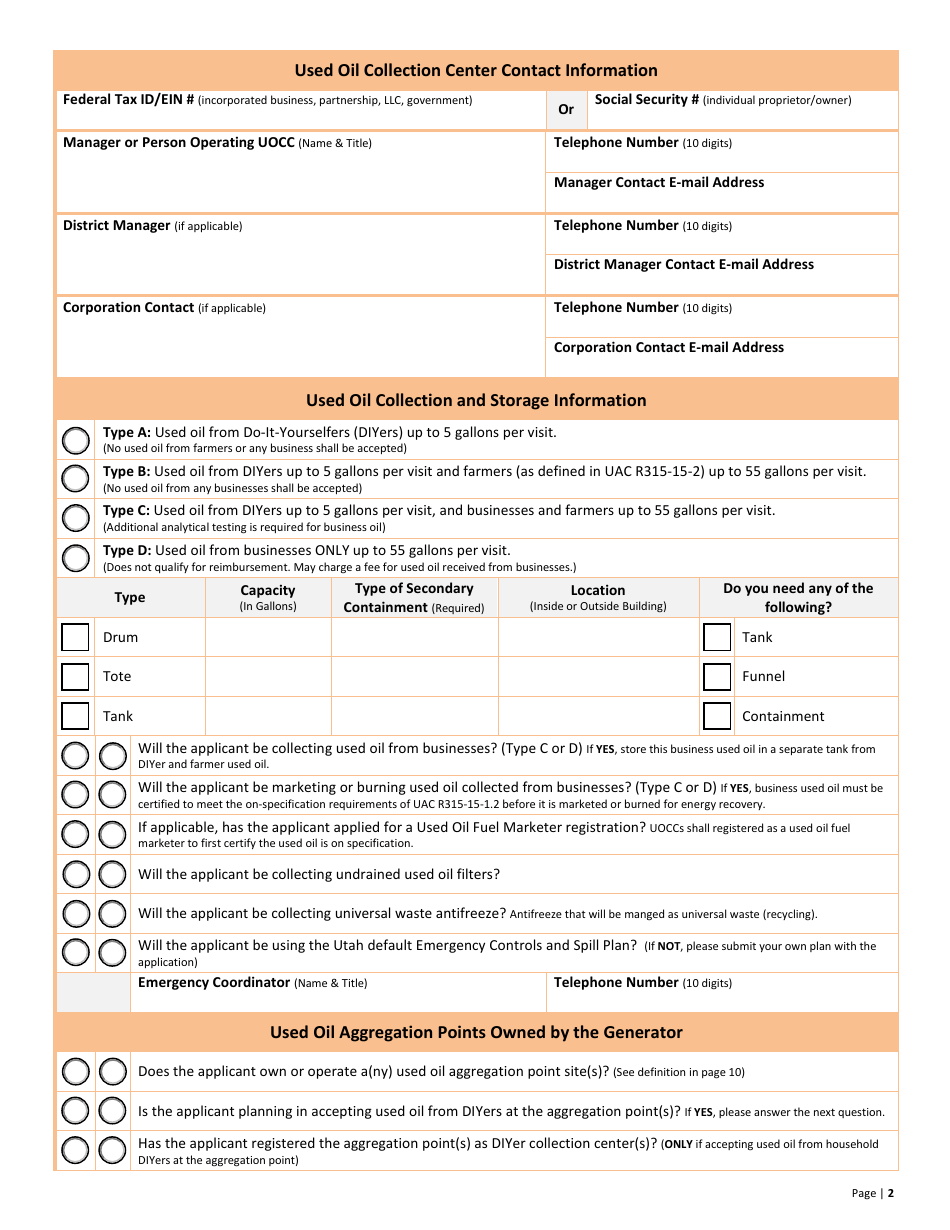 Used Oil Collection Center Registration Application - Utah, Page 2