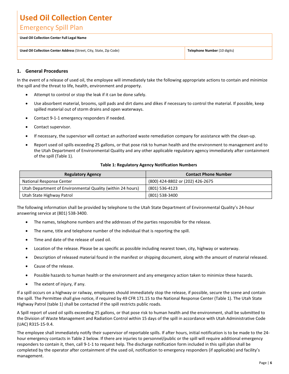 Used Oil Collection Center Registration Application - Utah, Page 6