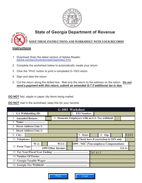 Form G-1003 Withholding Income Statement Return - Georgia (United States)