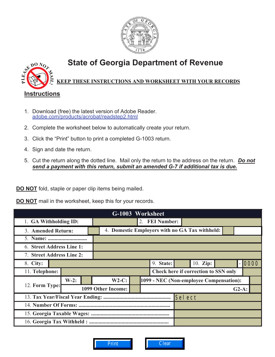 Form G-1003 Withholding Income Statement Return - Georgia (United States), Page 1
