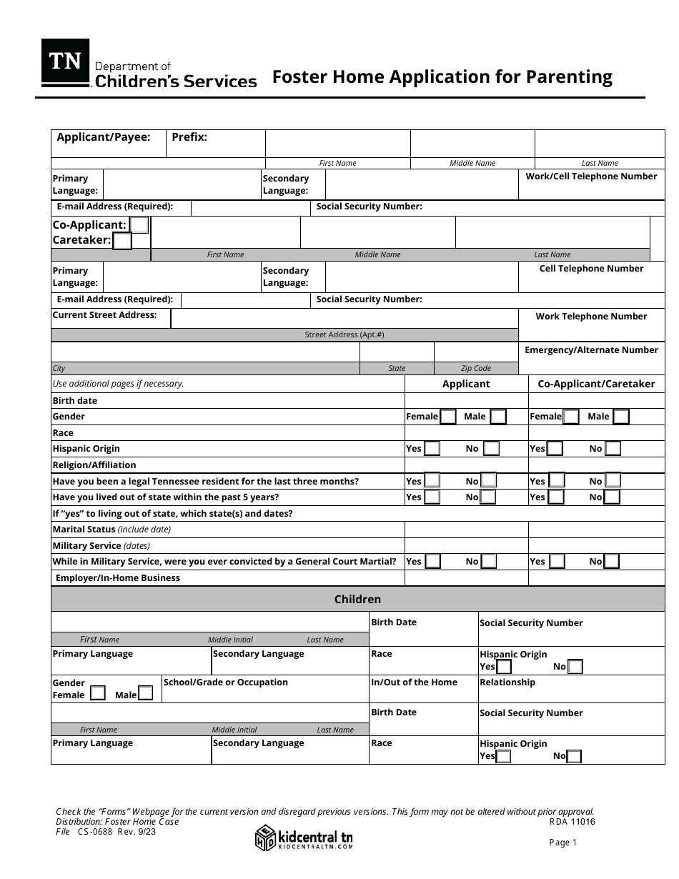 Form CS-0688 Foster Home Application for Parenting - Tennessee, Page 1