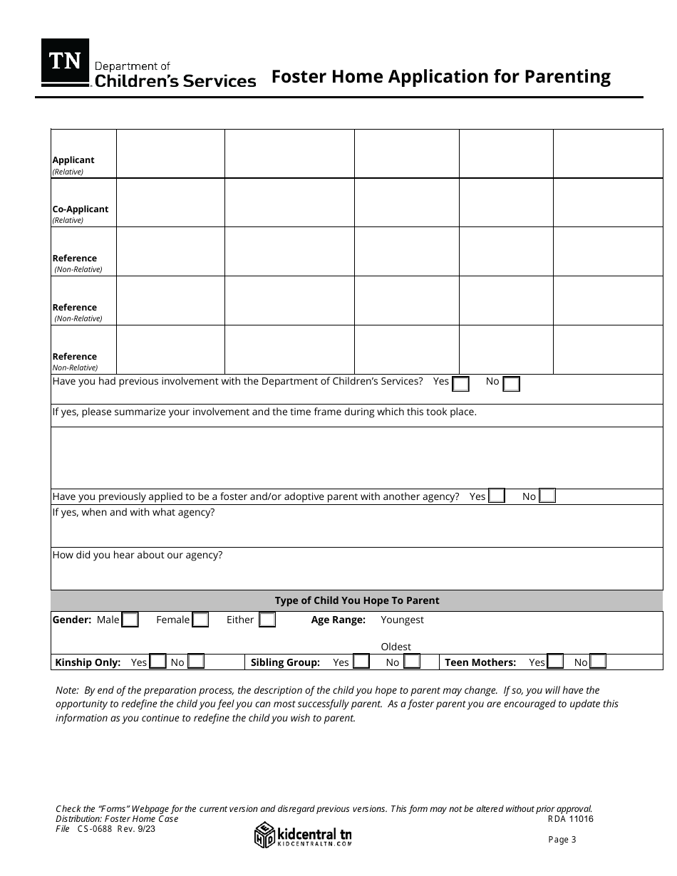 Form CS-0688 Foster Home Application for Parenting - Tennessee, Page 3