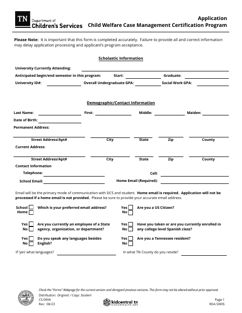 Form CS-0994 Application for Child Welfare Case Management Certification Program - Tennessee