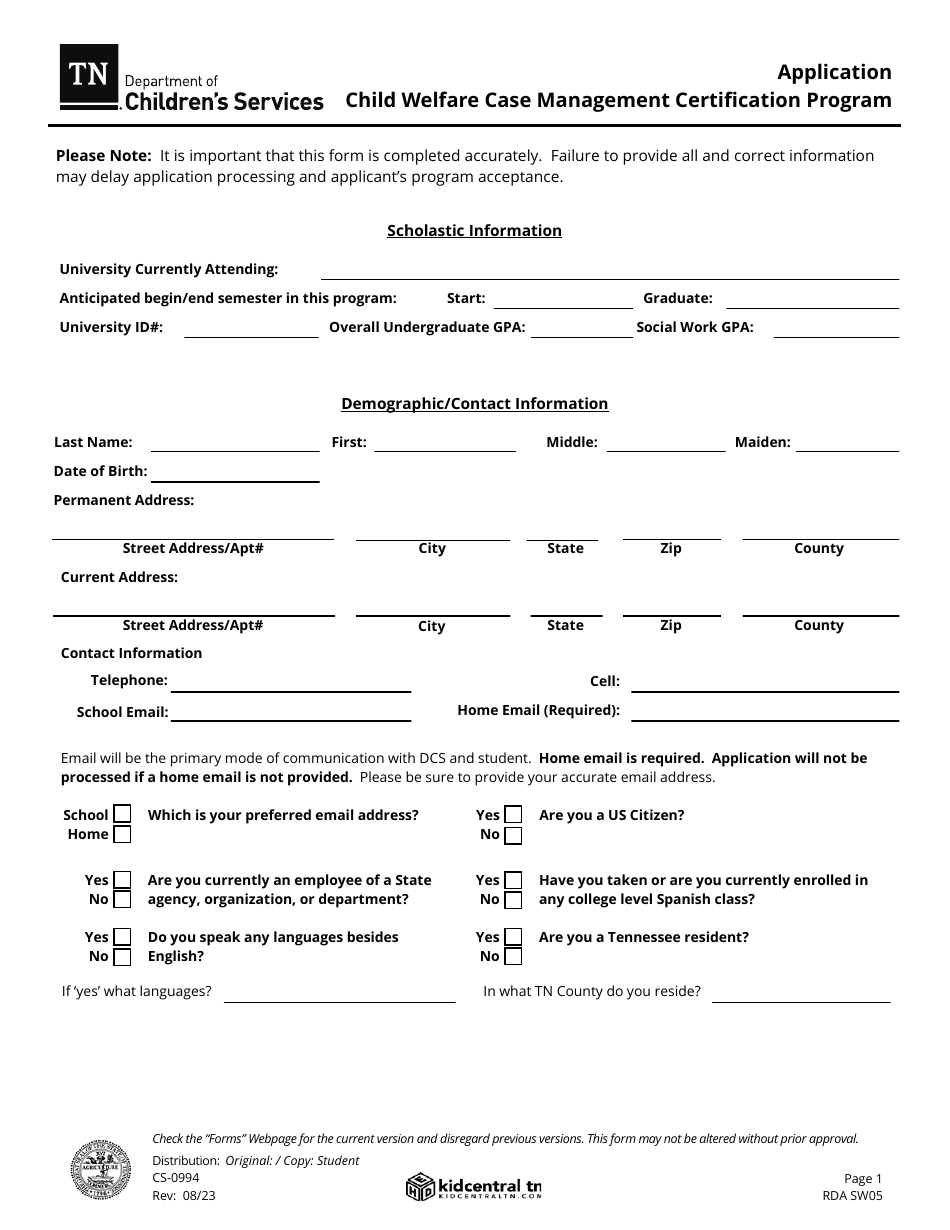 Form CS-0994 Application for Child Welfare Case Management Certification Program - Tennessee, Page 1