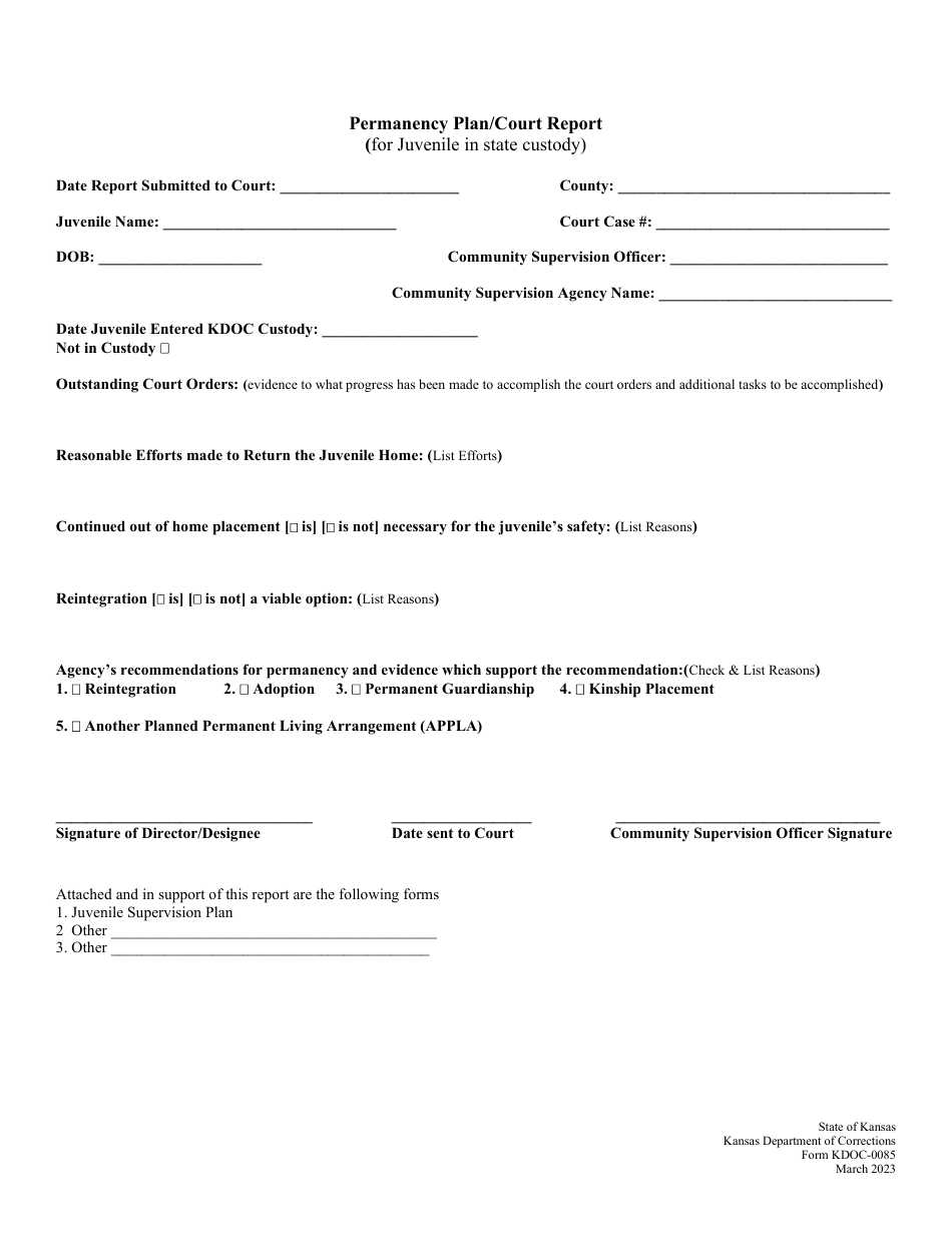 Form KDOC-0085 Permanency Plan / Court Report (For Juvenile in State Custody) - Kansas, Page 1